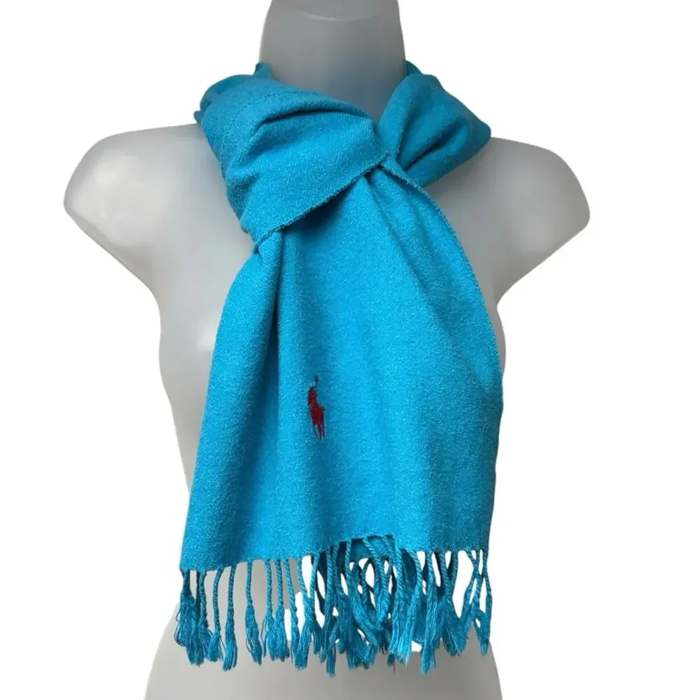 Vintage Y2K Polo Ralph Lauren Scarf Turquoise Blue 100% Cotton Red Pony Preppy